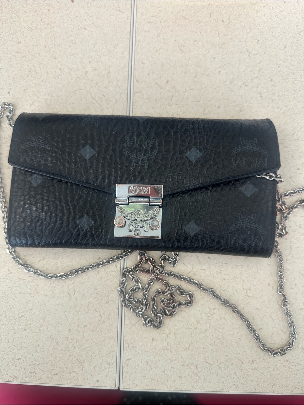 MCM Black Logo-Print Leather Chain Wallet